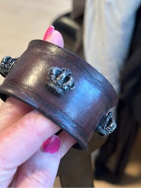 Royalty Collection Brown Leather Cuff Bracelet Crown 925 Silver Adjustable